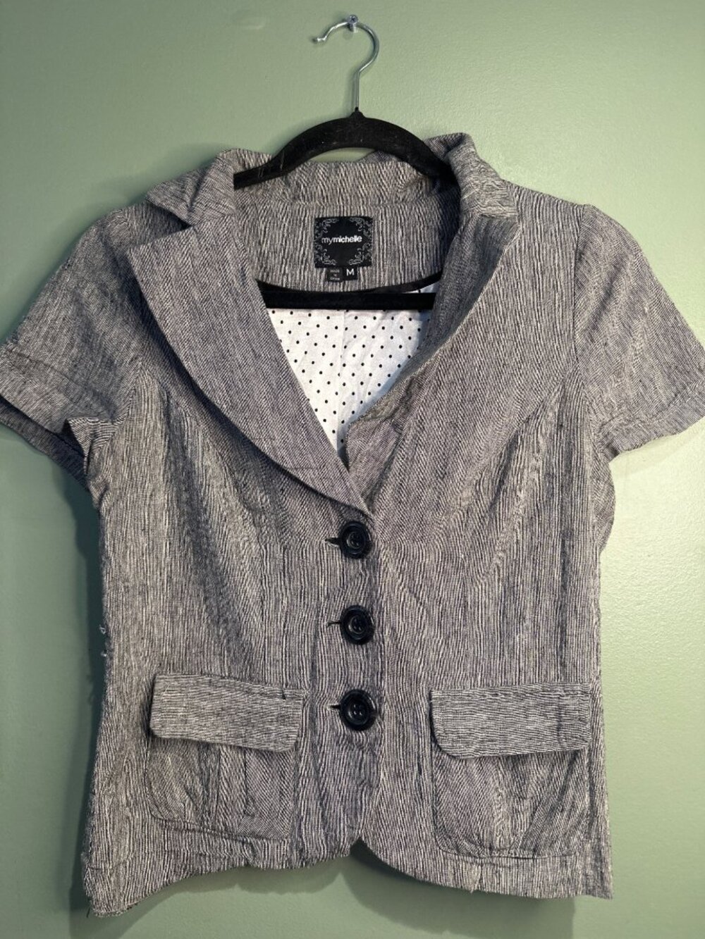 My Michele M Linen Cotton Blazer Jacket Gray Preppy Cottagecore Career Short Sle
